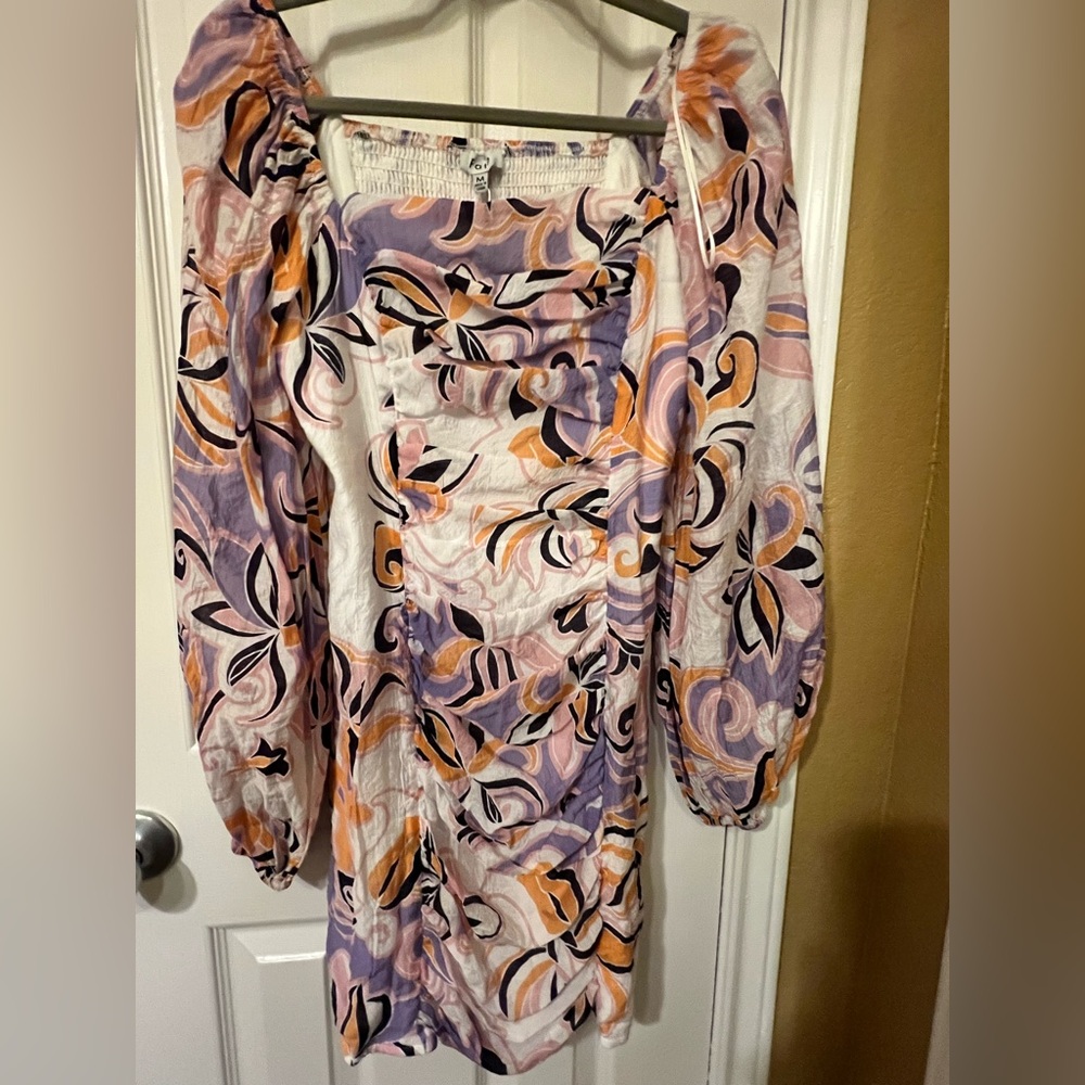 NWT Fate Multicolor Lavender Long Sleeve Ruched Dress, size Medium